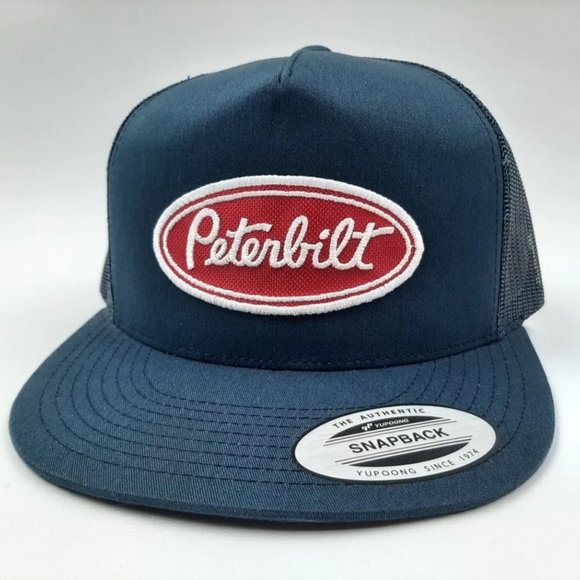 Yupoong Peterbilt Patch Flat Bill Trucker Mesh Snapback Hat Cap Navy Blue - Picture 1 of 4